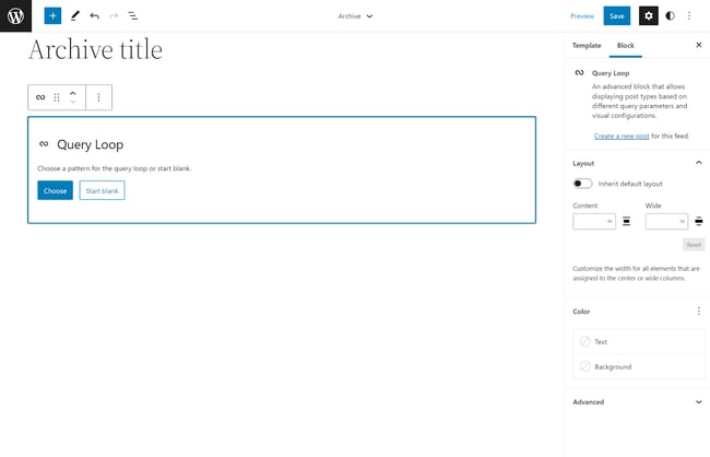 Adding query loop block to archives template in Gutenberg editor