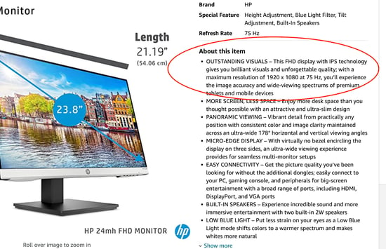 product key features on an Amazon product listing for a desktop monitor
