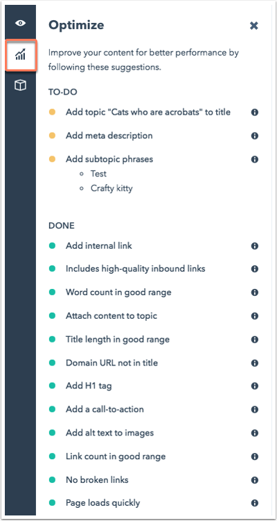 cms features: Content optimization suggestions are available right in HubSpot CMS dashboard as you create pages