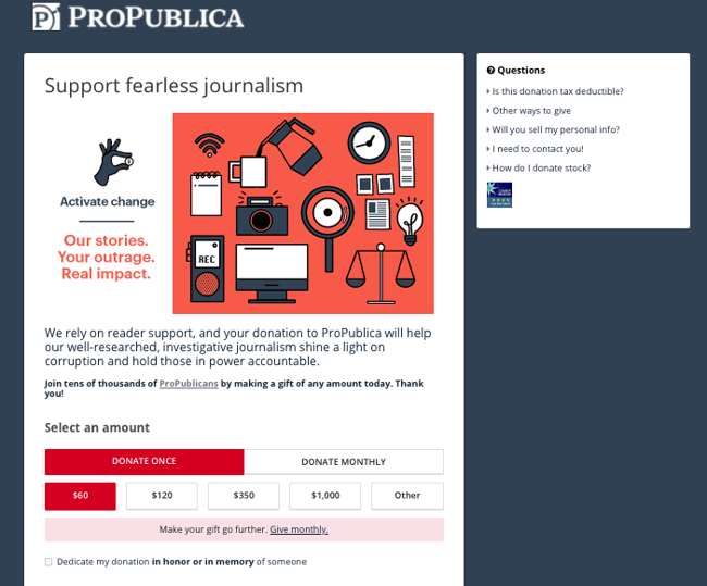 donation form examples: propublica donation page