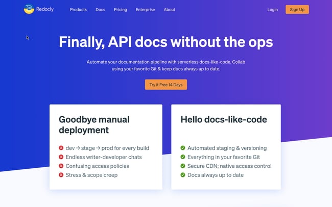 api documentation tool: Redocly landing page features value proposition "API docs without the ops"