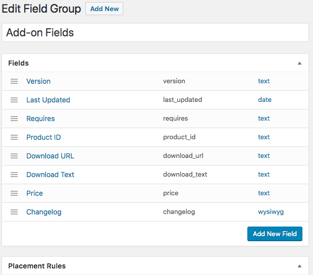 Field group with eight fields created via Custom Field Suite plugin