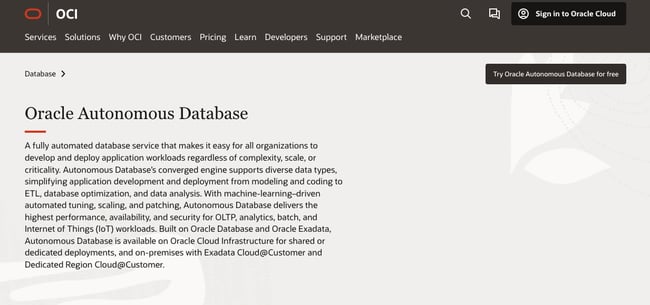 data repository software Oracle Autonomous Database landing page features value proposition
