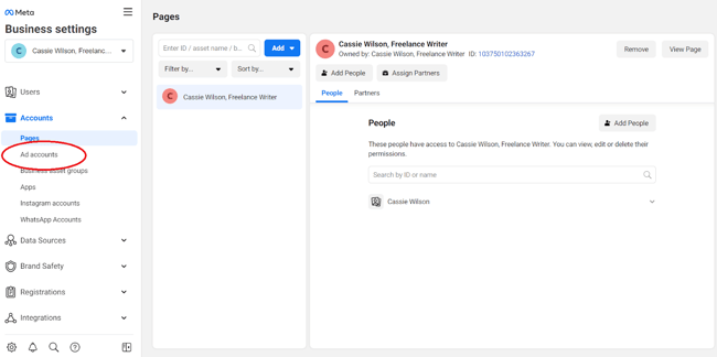 how to use facebook meta business manager: ad accounts sidebar