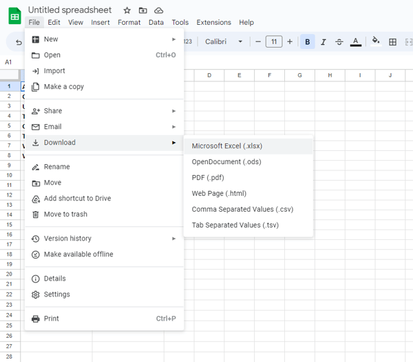 Click File, Download, Microsoft Excel