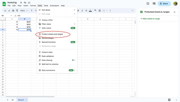 Protect cells google sheets, alternate step 3: click on the “data” tab and select “protect sheets and ranges.”