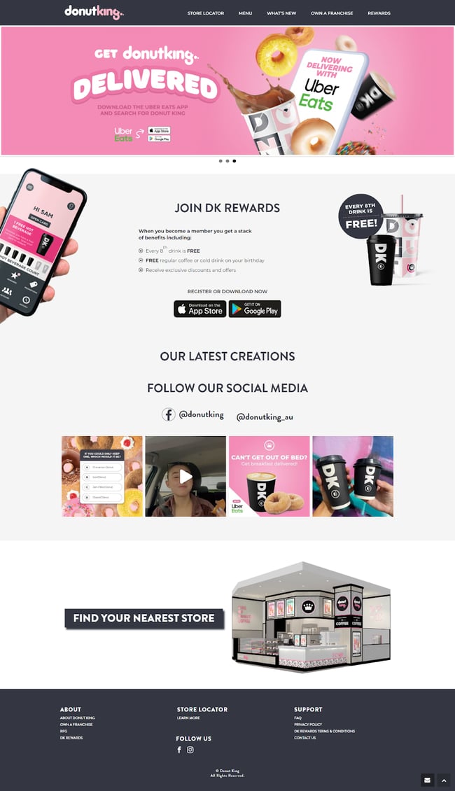 Donut King incorporates pink in its logo and website design as seen on the homepage screenshot.