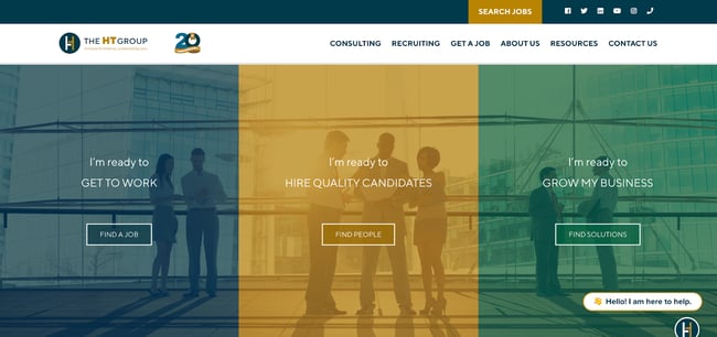 The HT Group, a recruitment firm, offers a great recruitment website design example.