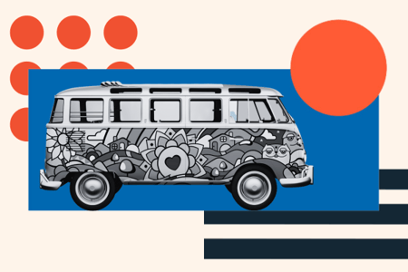 person making a retro website featuring a hippie van