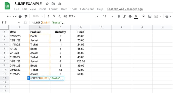 sumif to calculate boots price, apply conditional statement