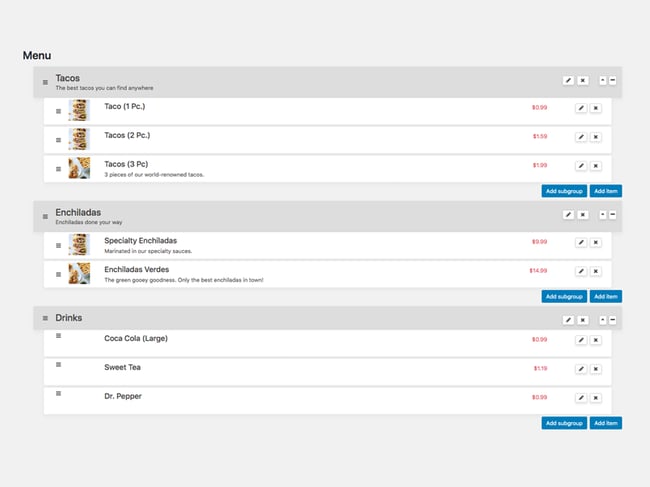 WordPress Restaurant Menu Plugins: Best Restaurant Menu lists tacos, enchiladas, and drinks