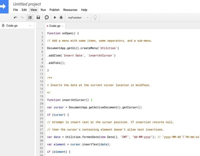 Google Script Editor with code inserted