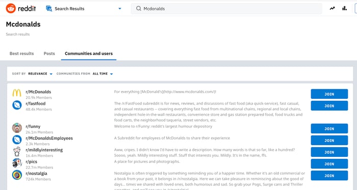 Searching McDonalds on Reddit