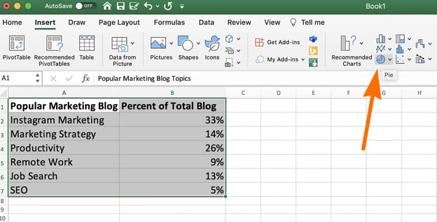 The pie chart button in excel