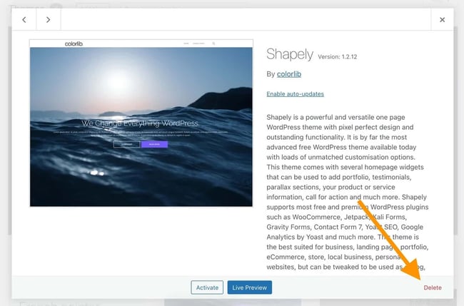 the delete theme button in the wordpress dashboard