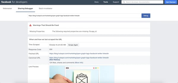Facebook debugger tool showcases warnings and errors in post.