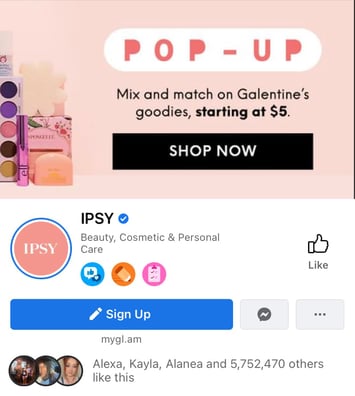 Screenshot of Ipsy's CTA button on Facebook. 