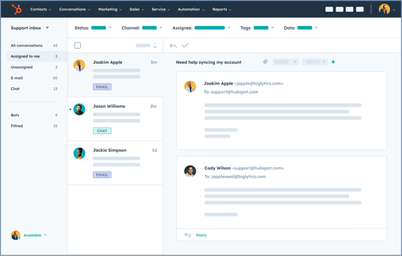 Screenshot of HubSpot's universal inbox