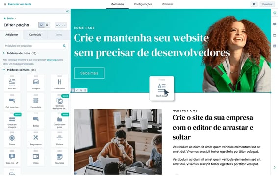 editor de conteúdo de arrastar e soltar para desenvolvimento de sites na plataforma da HubSpot