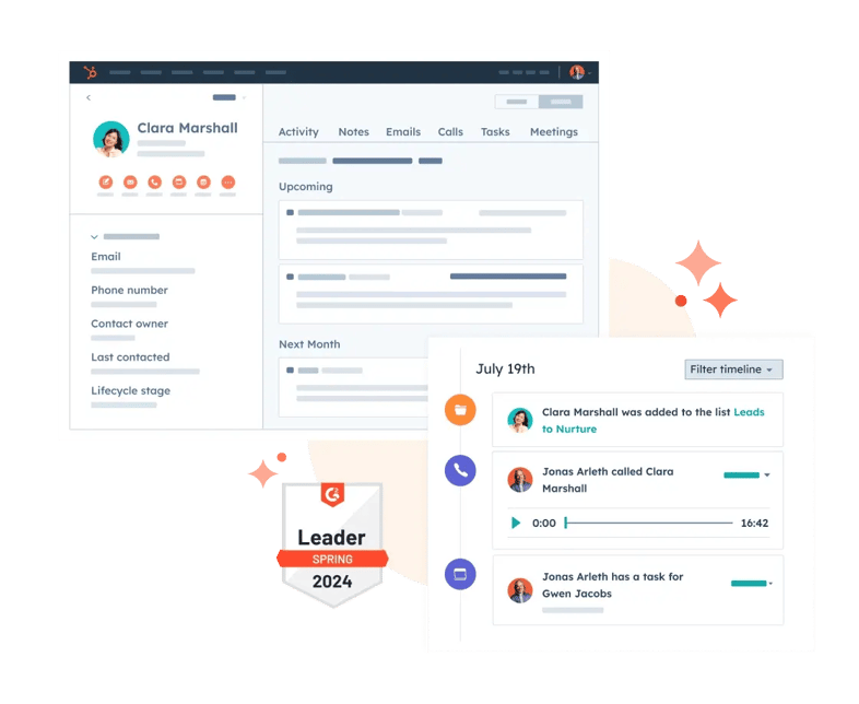 screenshots of HubSpot CRM and G2 badge