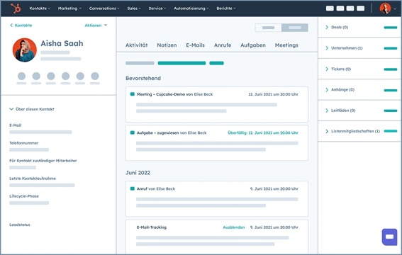 Screenshot der HubSpot-Software, der einen Kontaktdatensatz im intelligenten CRM-System von HubSpot zeigt