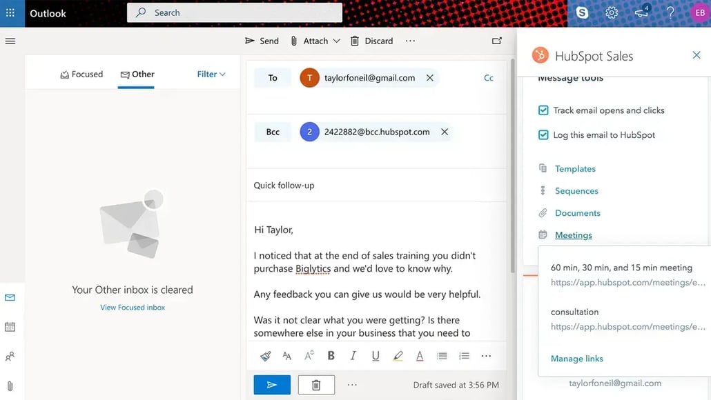 Interface utilisateur du CRM HubSpot gratuit dans Outlook affichant un e-mail