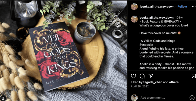 Instagram post promoting a book called Veil of Gods and Kings 