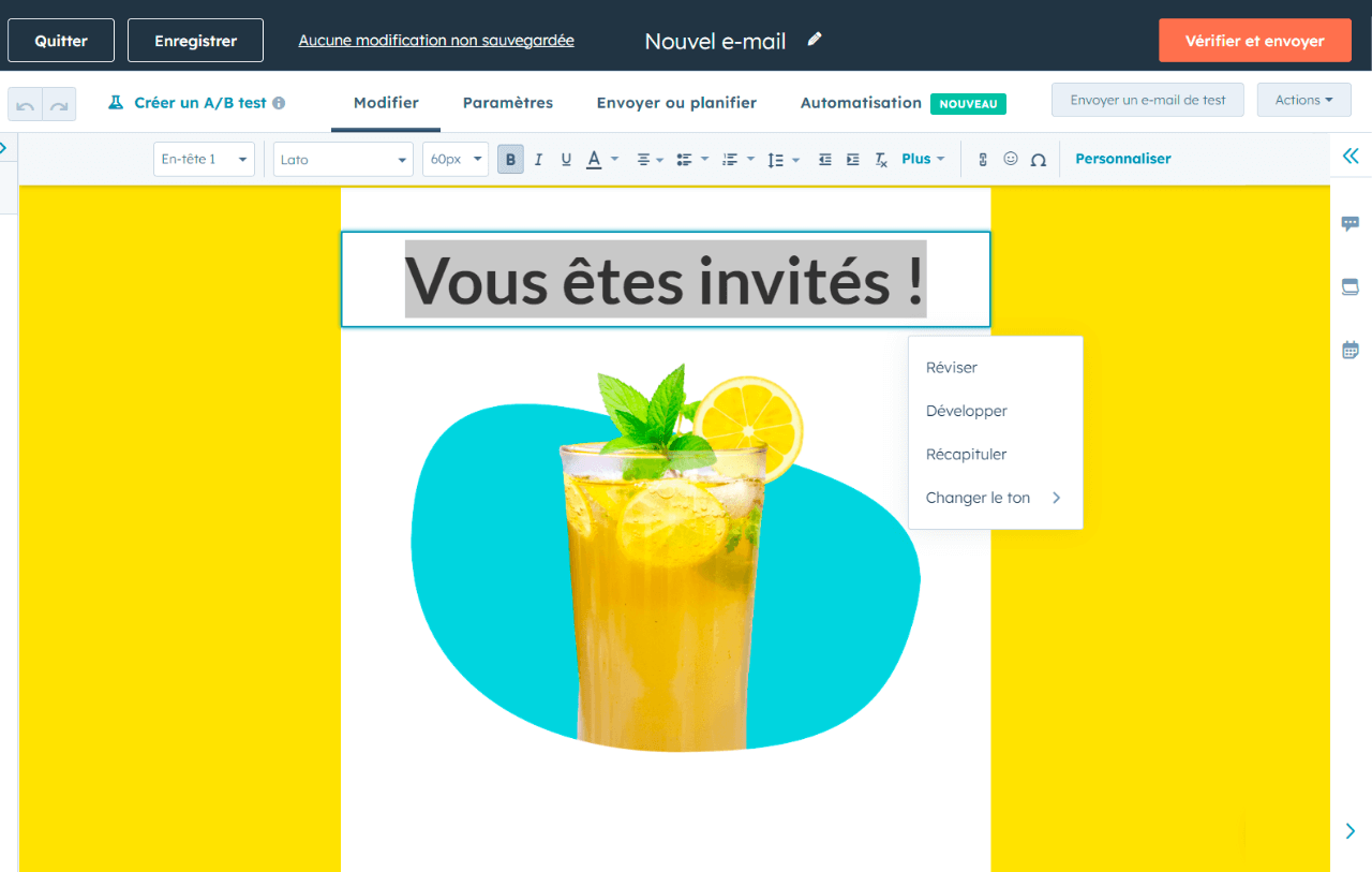 e-mail rédigé à l'aide du rédacteur de contenu intelligent