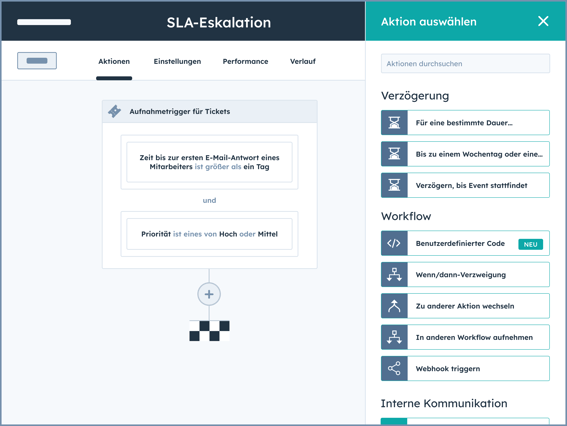 Die HubSpot-Benutzeroberfläche zeigt, wie Sie Automatisierungen einrichten können, um Aktionen wie die Aufnahme-Trigger für Tickets auszulösen