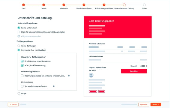 Screenshot der HubSpot-Software, in dem zu sehen ist, wie ein Nutzender einen Zahlungslink einrichtet, um Zahlungen einzuziehen