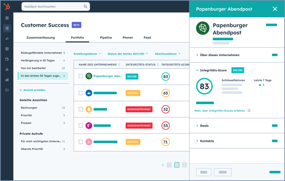 Customer-Success-Arbeitsbereich in der vereinfachten Benutzeroberfläche von Service Hub