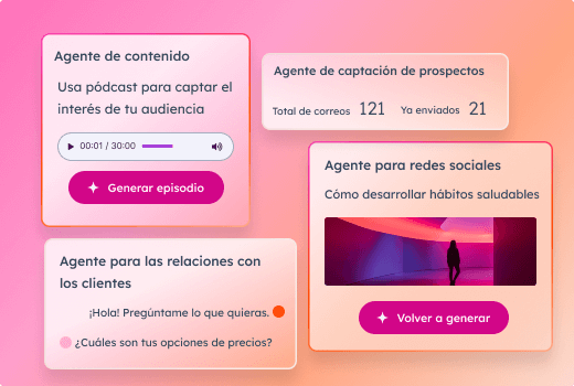 Interfaz simplificada que muestra las funciones de creación de contenidos, prospección, chatbot de sitio web y publicación en redes sociales de Breeze Agent