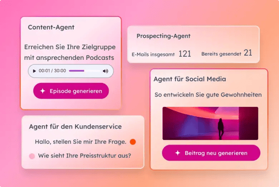 Vereinfachte Benutzeroberfläche, die die Funktionen der Breeze Agents für die Erstellung von Inhalten, das Prospecting, den Website-Chatbot und das Posten in sozialen Medien zeigt