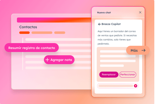 Interfaz simplificada que muestra la interfaz conversacional de Breeze Copilot junto al registro de un contacto