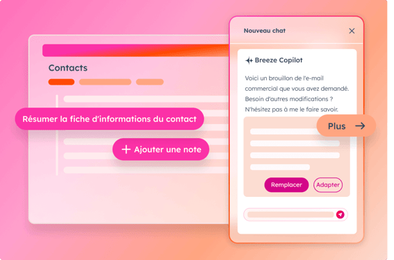 Interface conversationnelle de Breeze Copilot à côté de la fiche d'informations d'un contact