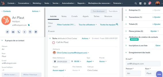 Activités d'un contact consignées dans le CRM de HubSpot