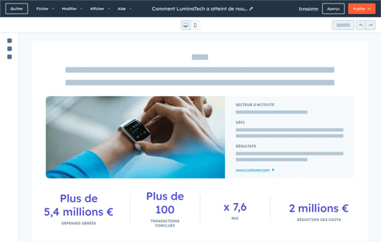 Exemple d'une étude de cas marketing générée par HubSpot avec social proof