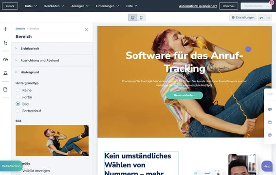 Erstellen und verwalten Sie Ihre HubSpot-Website ganz ohne Programmierkenntnisse. Erstellen Sie die Website Ihres Unternehmens mithilfe von Drag-&-Drop-Funktionen. Mock-up zeigt den Website-Editor von HubSpot