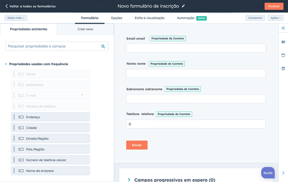 Captura de tela com a criação de formulários na plataforma de clientes Starter da HubSpot