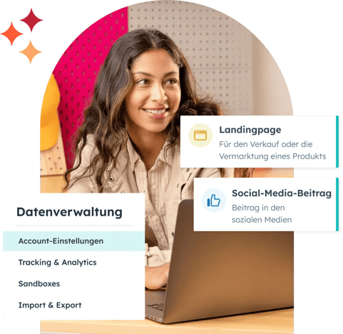 Frau mit Laptop und Textfeldern mit allen Funktionen zur Datenverwaltung: Account-Standardeinstellungen, Tracking und Analytics, Sandboxes, Import und Export, Landingpages und Beiträge für Social Media.