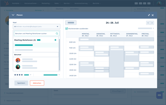 Sales Hub-Benutzeroberfläche zeigt die Planung von Meetings an