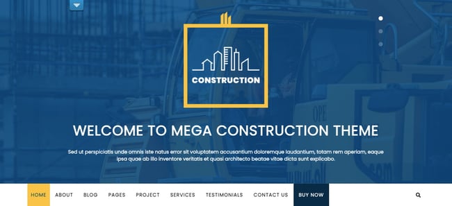 Mega Construction theme for WordPress shows custom logo and navigation menu for a construction theme