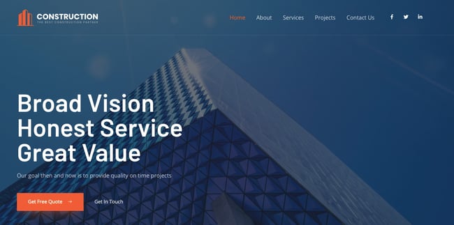 Prebuilt construction theme website for WordPress included with Astra theme