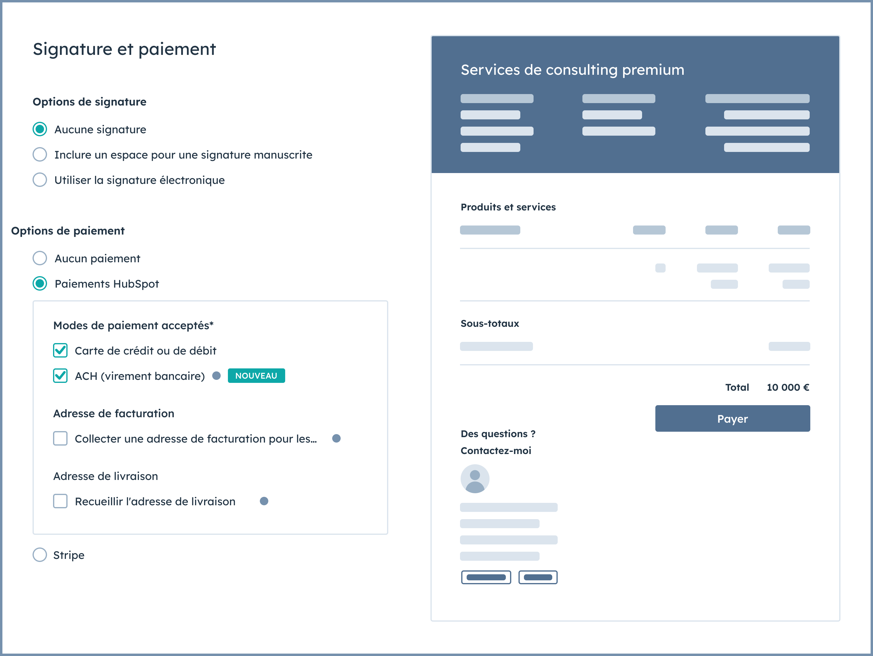 Devis et paiements dans le Sales Hub