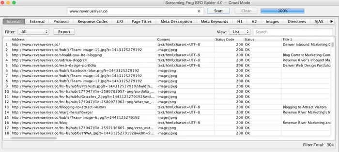 Screaming Frog SEO Spider's technical SEO results