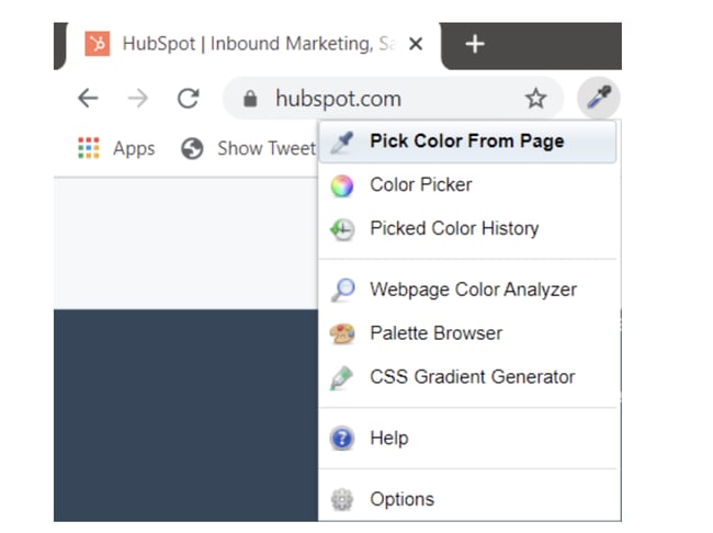 ColorZilla tool showing pick color from page option