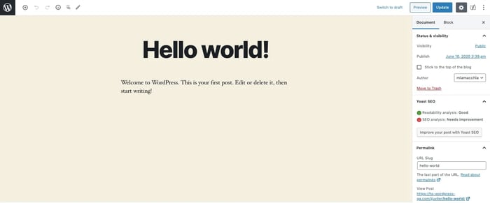 WordPress WYSIWYG editor open to default "Hello world!" post