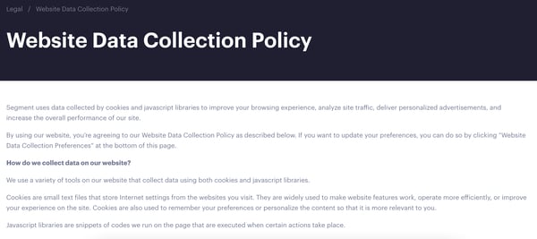 example of GDPR and data tracking compliance web page: segment