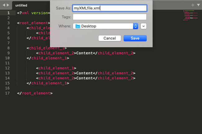 Cómo crear un archivo xml: cuadro de diálogo en el editor de XML para guardar el archivo con la extensión .xml.
