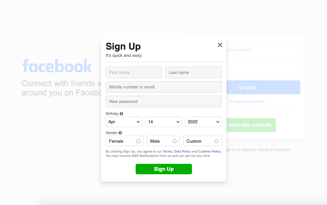 Facebook registration form example is pop-up